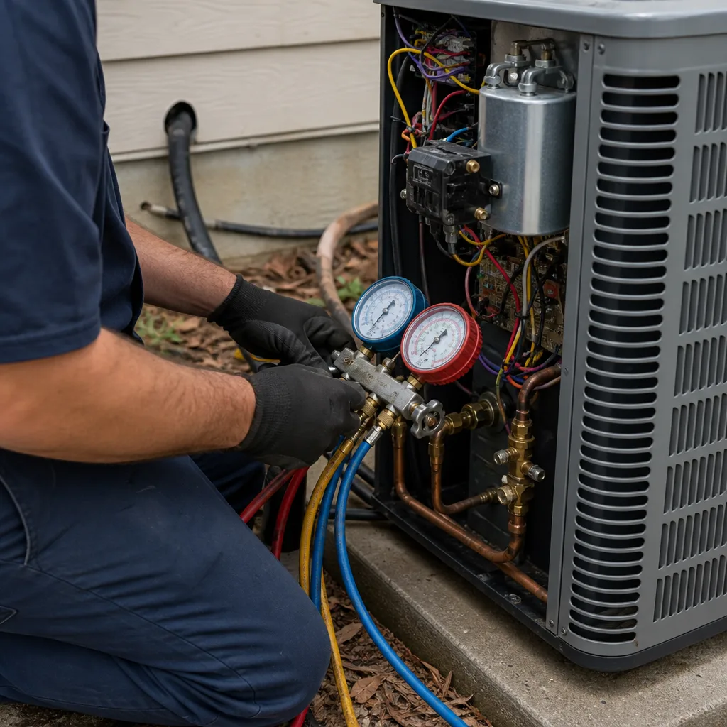 HVAC technician performing air conditioner repair with manifold gauges