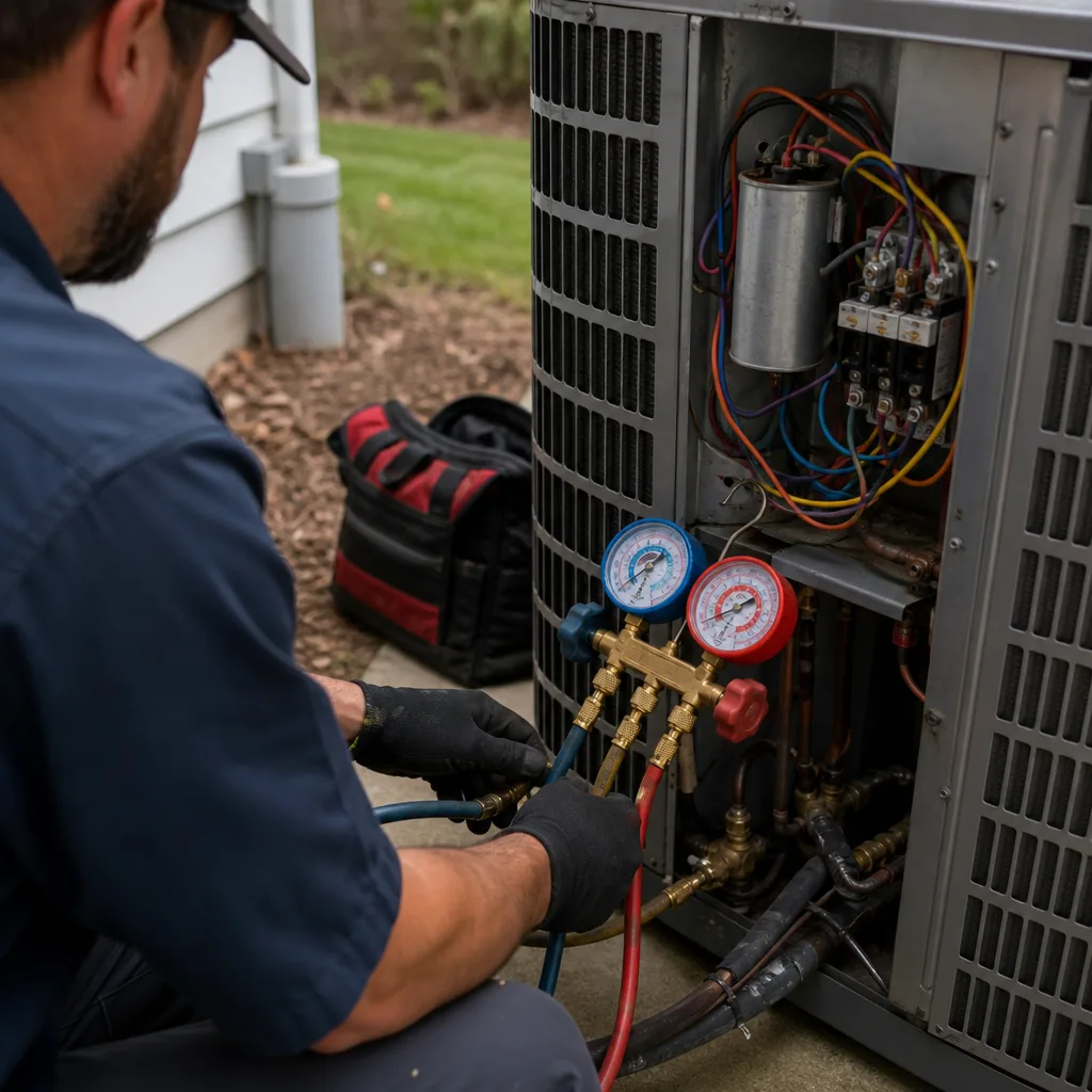 HVAC technician performing professional AC repair and maintenance on outdoor unit