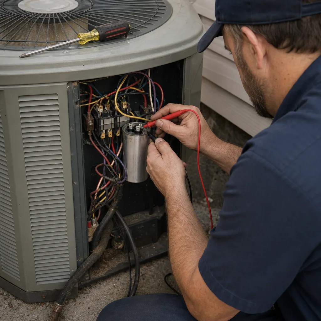 HVAC technician testing a capacitor on an outdoor AC unit