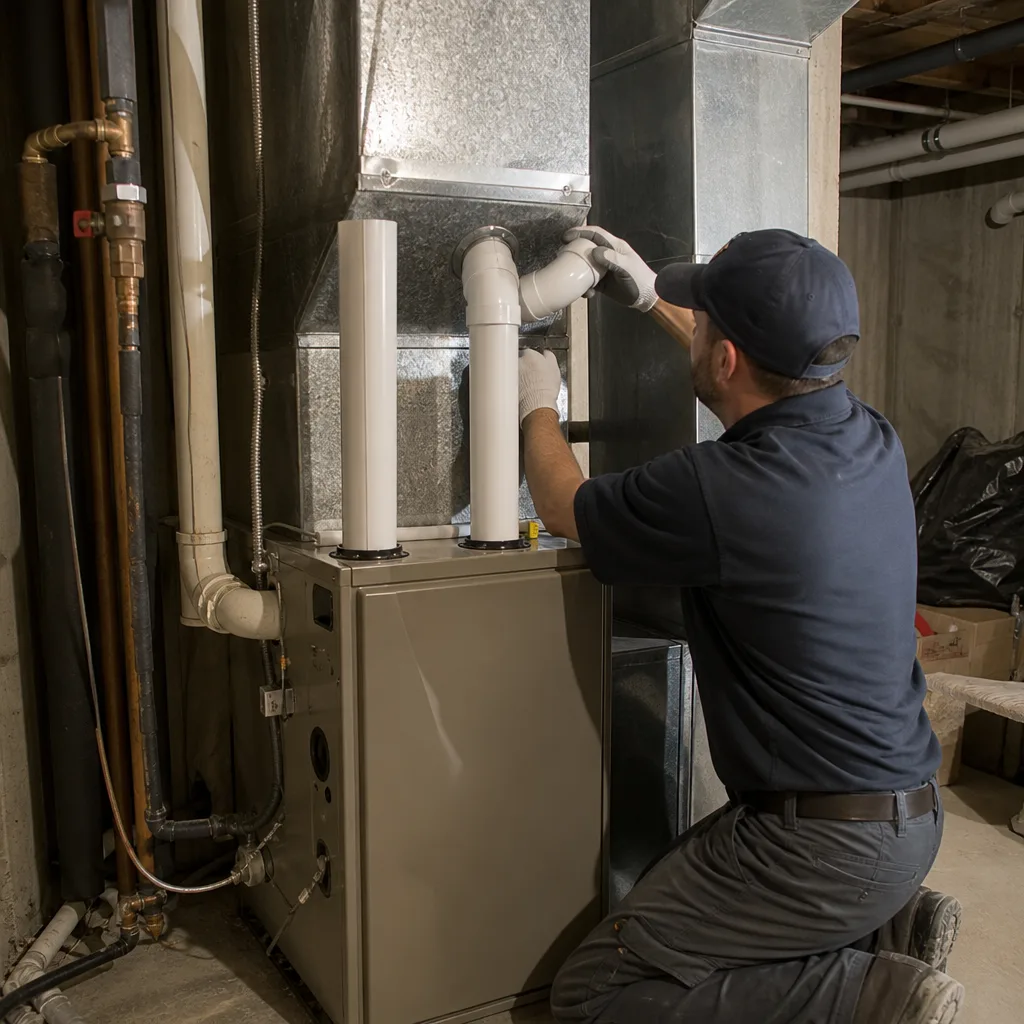 HVAC technician performing professional furnace repair and maintenance on home equipment