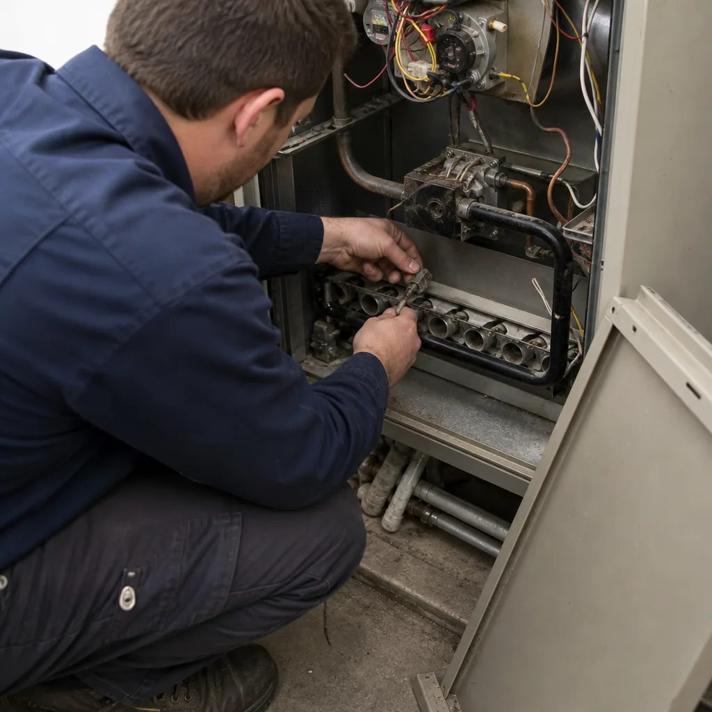 Technician performing professional furnace repair and maintenance on a heating system