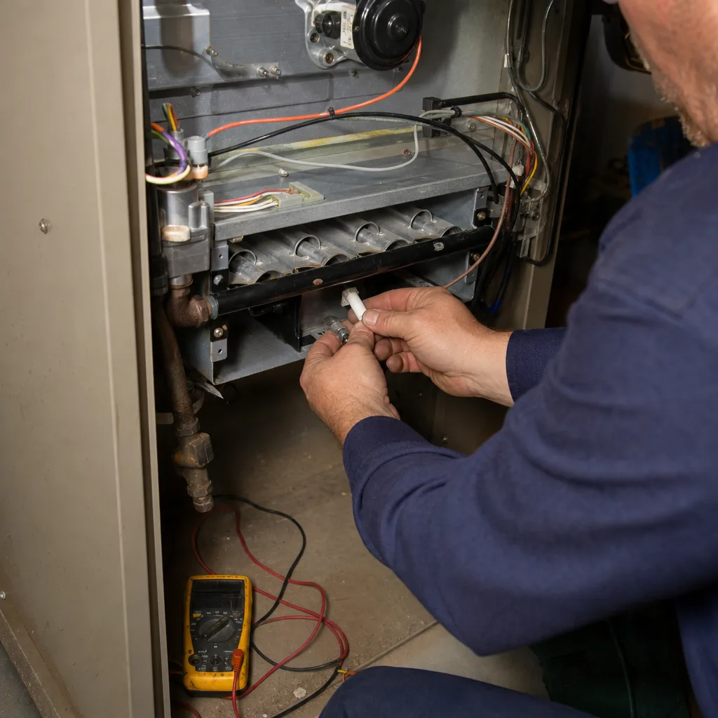 HVAC technician repairing a home furnace unit with a multimeter