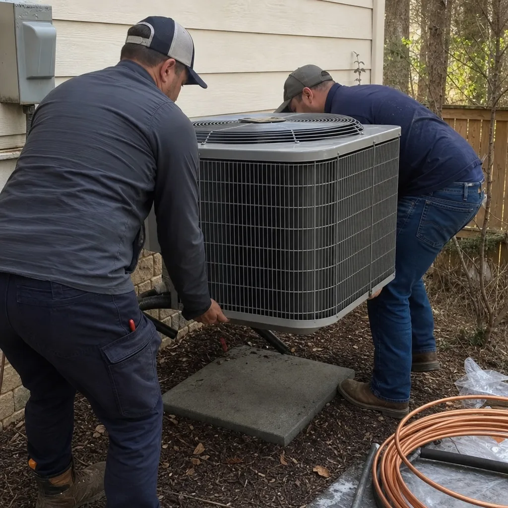 Two HVAC technicians installing an outdoor residential air conditioning unit in Atlanta, GA
